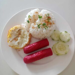 Rice, hotdog & fried egg