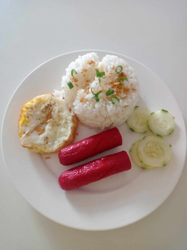 Rice, hotdog & fried egg